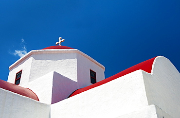 Greece, Cyclades Islands, Mykonos, Church roof with cross