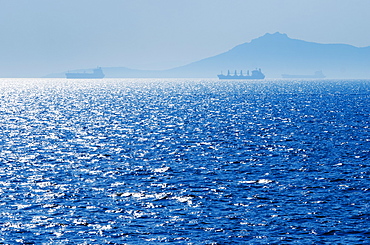 Greece, Oil tankers and cargo ships on Aegean Sea