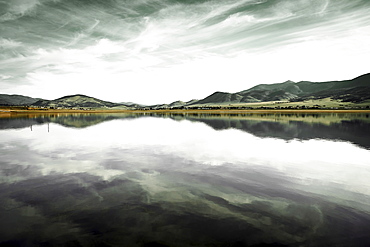 Landscape with mountain range and calm lake, Eagle Nest Lake State Park New Mexico USA