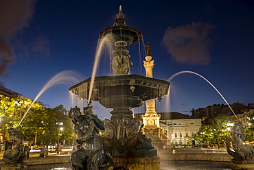 Fountain in Plaza de Pedro IV, Lisbon, Portugal