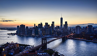 Aerial view of downtown at dusk, New York City, New York