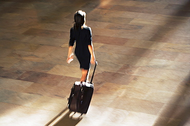 High angle view of woman walking at Grand Central Station, USA, New York State, New York City