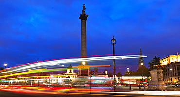 UK, London, Trafalgar Square with light trails, UK, London