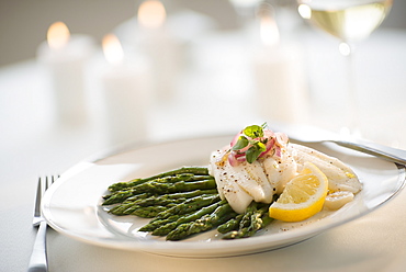 Seafood on plate in restaurant