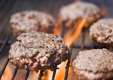 Hamburger patties cooking on grill