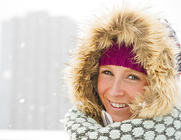 Jersey City, New Jersey, portrait of woman wearing warm clothing