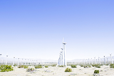 USA, California, Palm Springs, Coachella Valley, San Gorgonio Pass, Wind turbines against blue sky