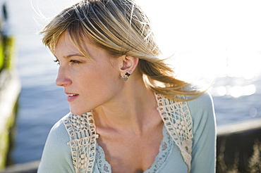 USA, Brooklyn, Williamsburg, Portrait of blonde woman 