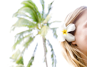 Woman wearing plumeria flower in hair, USA, Hawaii, Kauai, Poipu Beach