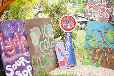 Handmade banners on farm, USA, Hawaii, Kauai