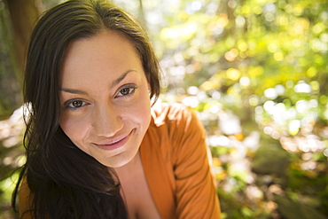 Portrait of woman in forest, Newtown, Connecticut