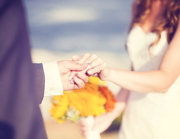 Close up of bride and groom holding hands