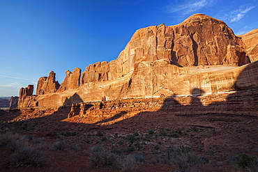 Sunset over majestic rock formation, USA, Utah, Arches National Park, Moab