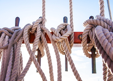 Coiled ropes on yacht deck