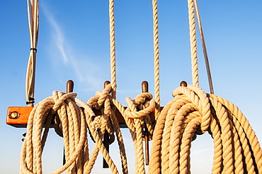 Coiled ropes on yacht deck