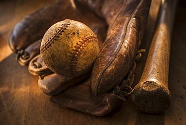 Antique baseball, glove and bat