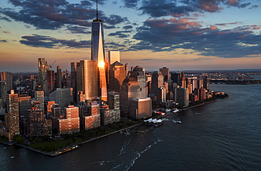 Aerial view of city with Freedom tower at night, New York City, New York