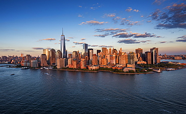 Aerial view of city with Freedom tower at sunset, New York City, New York