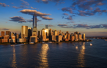 Aerial view of city with Freedom tower at sunset, New York City, New York