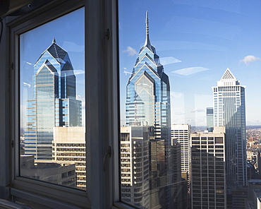 USA, Pennsylvania, Philadelphia, view through window on skyscrapers