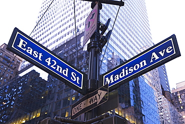 USA, New York State, New York City, low angle view of street name sign