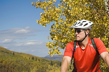 Man wearing bicycle helmet, Utah, United States