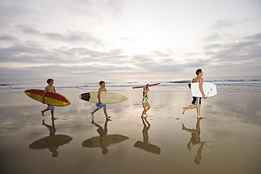 Family carrying surfboards