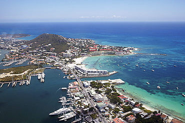 Aerial view of town, marina and Caribbean sea, St. Maarten 