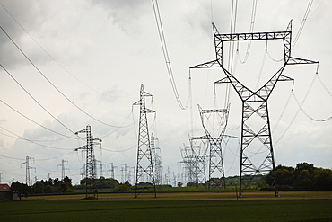 France, Rocroi, Rural landscape with power line, France, Rocroi
