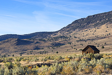 Wooden hut on prairie, Steen's Mountain, Steen's Mountain, Oregon, USA