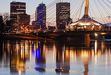 Reflection of skyscrapers in river, Winnipeg Manitoba, Canada