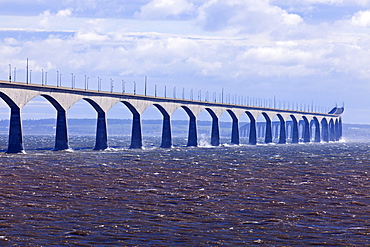 View of long concrete bridge over strait, Prince Edward Island, New Brunswick, Canada