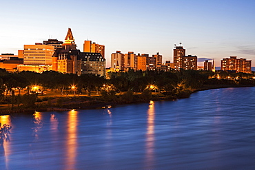 Illuminated cityscape at dusk, Canada