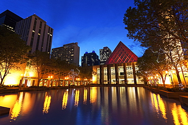 Edmonton City Hall by pond at dusk, Alberta, Canada 