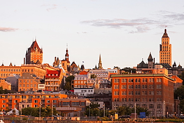 View of old town architecture on hill at sunset, Canada