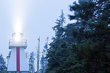 Low angle view of lighthouse by forest, Nova Scotia, Canada