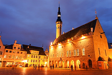 Illuminated Town Hall seen from across square at dusk, Tallin, Estonia