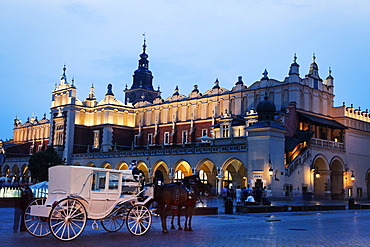 White horse carriage in front of illuminated Cloth Hall, Poland