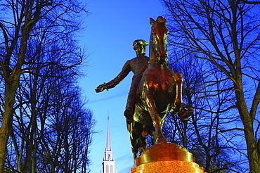 Statue of Paul Revere at dusk, Boston, Massachusetts