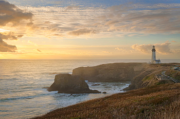 Scenic view of lighthouse at sunset, Yaquina Head Light house, Oregon