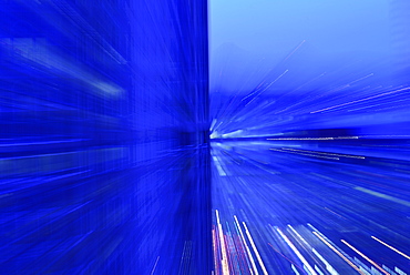 Motion blurred lights at dusk, abstract blue image, Financial District, Boston, Massachusetts 