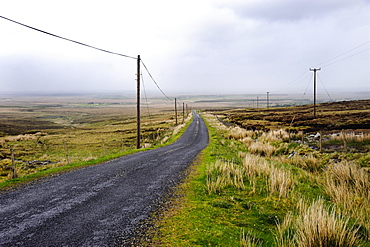 Rural country road runs through barren countryside, Rural County Mayo, Ireland