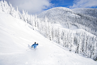 Man skiing down mountain, Whitefish, Montana, USA