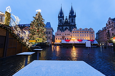 Tyn Cathedral seen from square in winter, Tyn Cathedral, Prague, Czech Republic