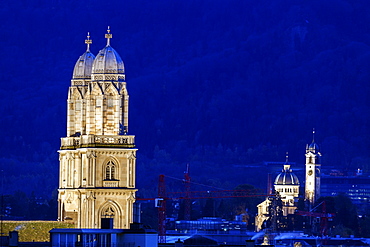 Grossmunster Church bell towers against night sky, Churches of Zurich - Grossmunster,Zurich, Switzerland