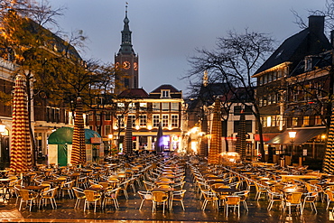 Town square with cafe tables, Gothic St. James Church,The Hague, South Holland, Netherlands