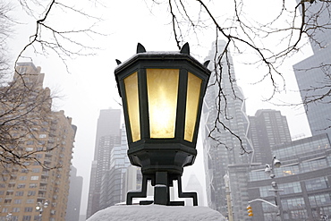 Low-angle view of antique lantern, New York City, New York,USA