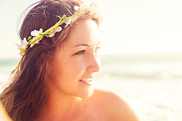 Portrait of woman with flower wreath on head, Jupiter, Florida,USA