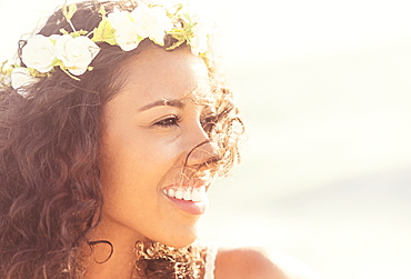 Young woman wearing wreath