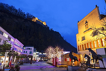 Town Hall and Vaduz Castle, Liechtenstein, Vaduz, Town Hall,Vaduz Castle